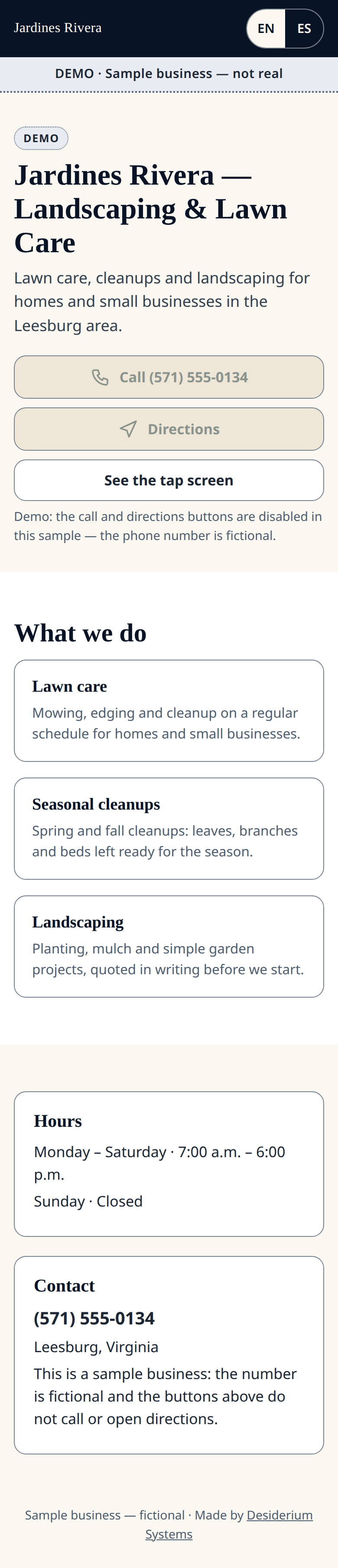 Sample business page, marked DEMO